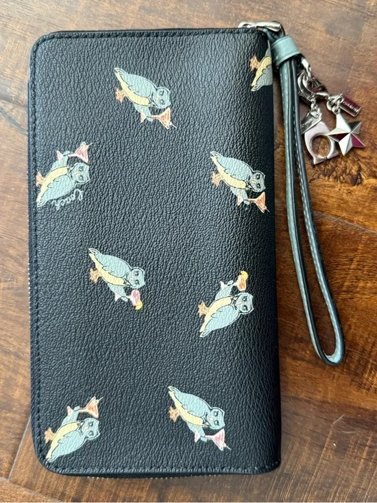 Coach Black Leather Wristlet Wallet with Party Owl Print - Picture 5 of 12